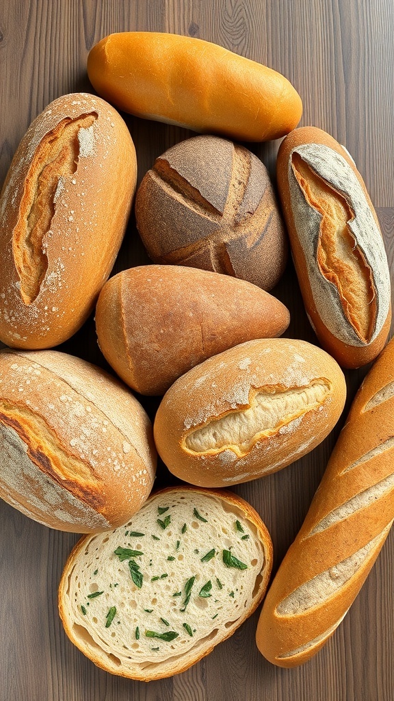 An assortment of whole wheat, sourdough, rye, ciabatta, focaccia, and baguette breads on a wooden table.